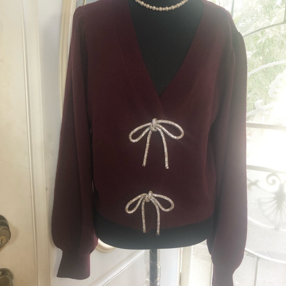 Belldini Burgundy V-Neck Sweater with Bow Embellishments